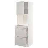White METOD kitchen unit: tall cabinet with drawers, light gray, sleek modern design.