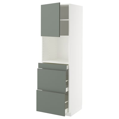 A METOD kitchen cabinet with greenish-grey drawers and a door, featuring a modern design.