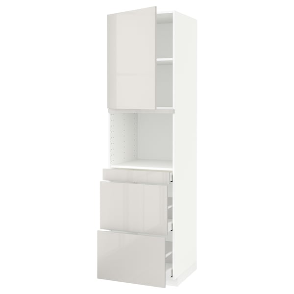 A white METOD kitchen cabinet with glossy finish, featuring multiple compartments including drawers and open shelves.