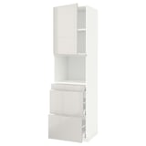 A white METOD kitchen cabinet with glossy finish, featuring multiple compartments including drawers and open shelves.