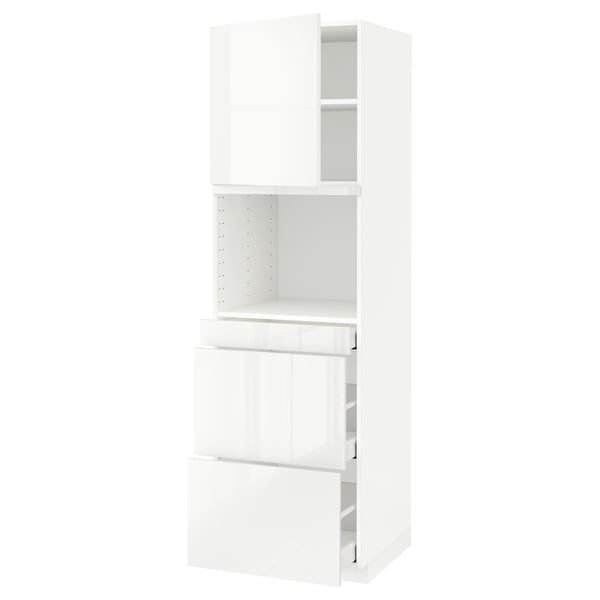White ikea METOD kitchen cabinet with glossy ringhult fronts, open top and drawers, modern design.
