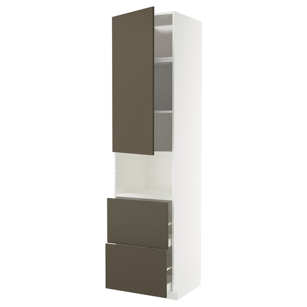A white METOD kitchen cabinet with dark brown havstorp fronts, featuring shelves and drawers.