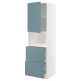 White METOD kitchen cabinet with blue doors, three drawers, modern design.