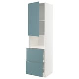 A turquoise METOD kitchen cabinet with a modern design and smooth fronts. It a mix of drawers and shelves.