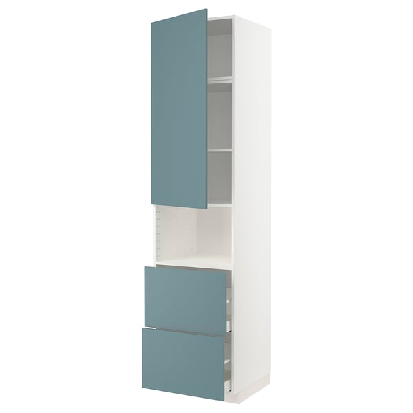 A white METOD kitchen unit with turquoise doors and drawers, minimalist design.