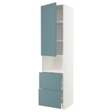 A white METOD kitchen unit with turquoise doors and drawers, minimalist design.