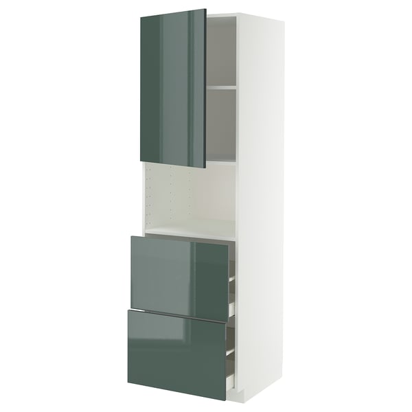 A modern, tall kitchen unit with high-gloss grey-green doors, featuring drawers and shelves, part of the METOD system.