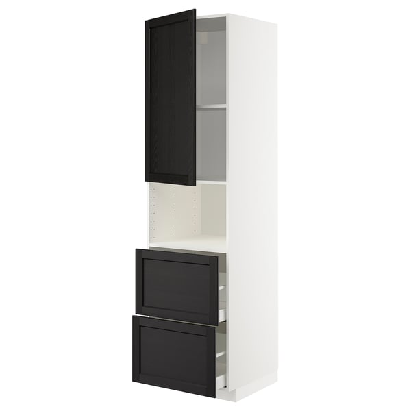 White METOD kitchen unit with black-stained drawers and doors. Tall, rectangular shape with beveled edges.