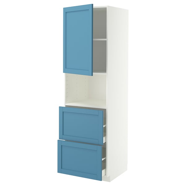 A METOD kitchen unit with blue drawers and doors and a white body. It has a modern design with a tall, rectangular shape.