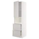 White METOD cabinet with grey lerhyttan fronts, bevelled edges, high cabinet with open door and drawers.