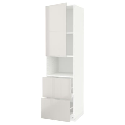 Modern white kitchen cabinet with gloss finish, multiple compartments.