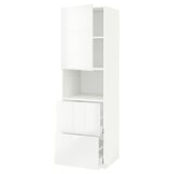 A modern, white high cabinet from the METOD kitchen system with a glossy finish, featuring a door and an open shelf.