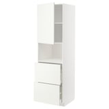 A white METOD kitchen cabinet with a high cabinet and two drawers. It has a sleek, modern design.
