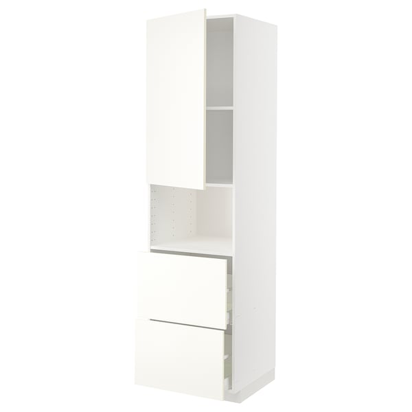 This image shows a white METOD kitchen cabinet set with a high cabinet, open shelves, and drawers. The design is sleek and minimalist.