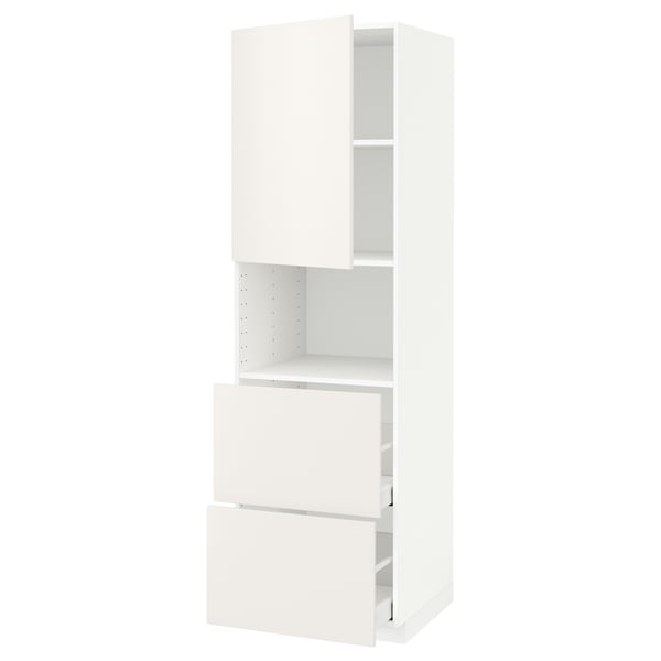 White METOD kitchen cabinet with veddinge fronts, smooth design, top shelf, two drawers.