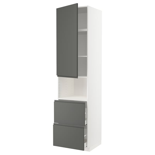 A modern, tall white kitchen cabinet with dark gray drawers and doors, featuring sleek, seamless design and built-in handles.
