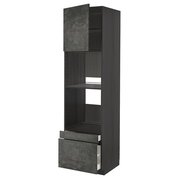An ikea METOD kitchen unit in dark grey with concrete effect, including an open shelving unit and a drawer.