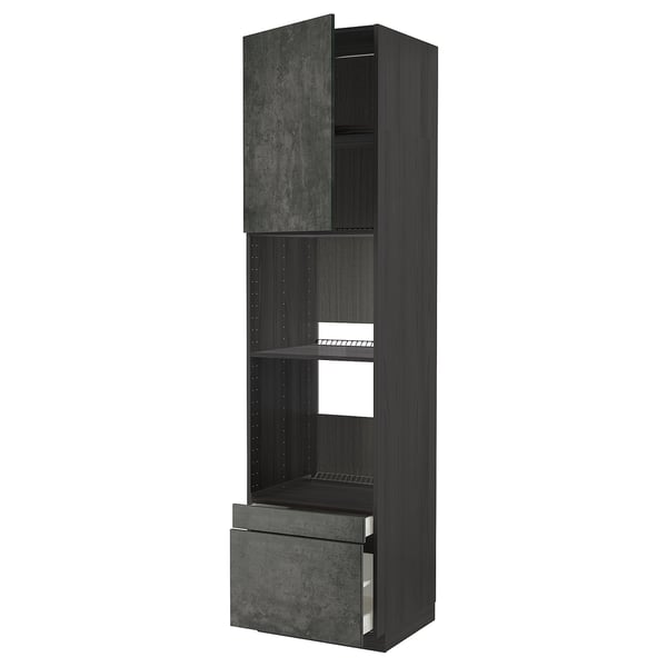 Black METOD kitchen unit with drawers and shelves. Modern, sleek design with dark grey finish.