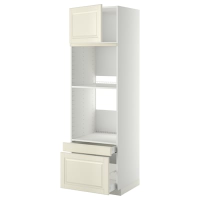 White METOD kitchen unit with bevelled off-white drawer and shelves, three sections.