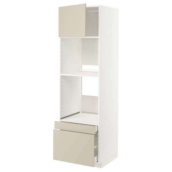 METOD kitchen unit, white & beige; tall, rectangular, open shelves, adjustable shelf, pull-out drawer, clean design.