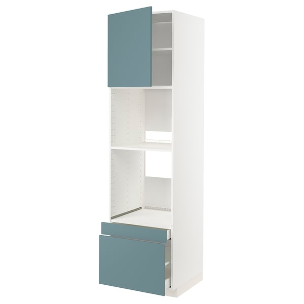 METOD kitchen unit with turquoise drawers and white shelves.