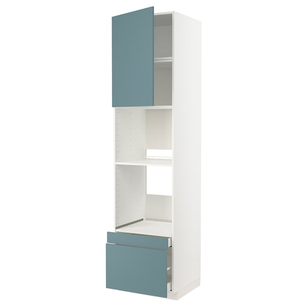 A white METOD kitchen unit with turquoise doors and drawer, featuring sleek modern design with smooth surfaces and full-extension drawers.