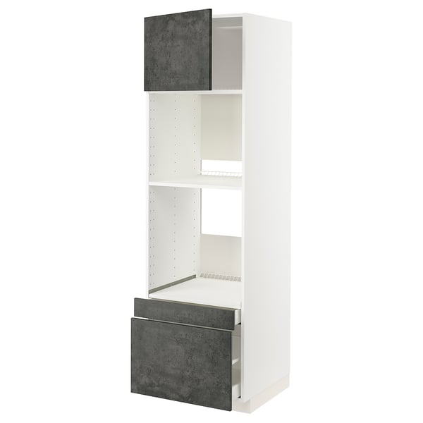 This image shows a white METOD kitchen cabinet with dark grey kalhyttan concrete effect doors. It open shelves and drawers.