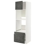 This image shows a white METOD kitchen cabinet with dark grey kalhyttan concrete effect doors. It open shelves and drawers.