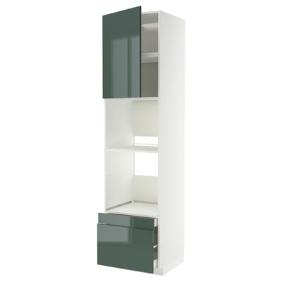 Modern white cabinet with high-gloss gray-green doors, two drawers, and shelves; sleek and functional design.