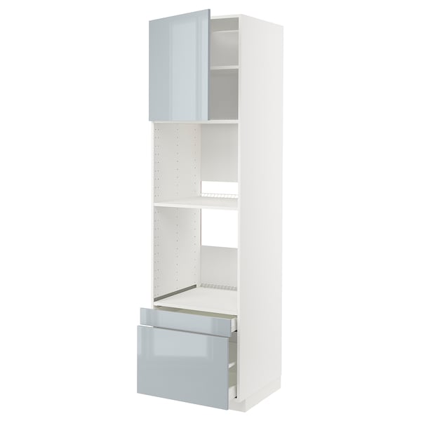 White METOD kitchen unit with gray-blue high-gloss doors and adjustable shelves.