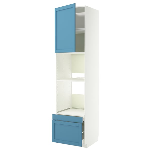 A METOD kitchen cabinet in white and blue. It has a tall frame with a blue door and drawer at the bottom, and an open compartment at the top.