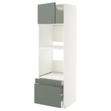White METOD kitchen unit with grey-green drawer and door, adjustable shelves, and soft-close drawers.