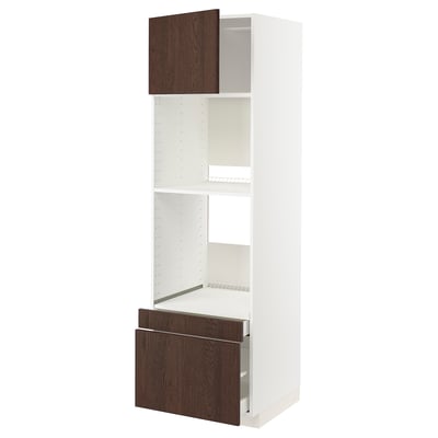 A white METOD kitchen cabinet with dark brown sinarp drawers and shelf, featuring adjustable shelves and a 25-year guarantee.