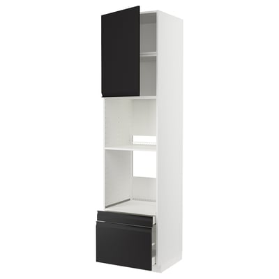 METOD tall white kitchen cabinet with black accents and open shelves.