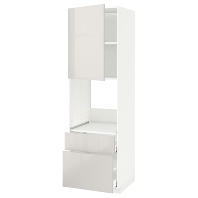 A white METOD kitchen cabinet with a modern design. It a high gloss door and drawer fronts, a fixed ventilated shelf, and adjustable storage space.