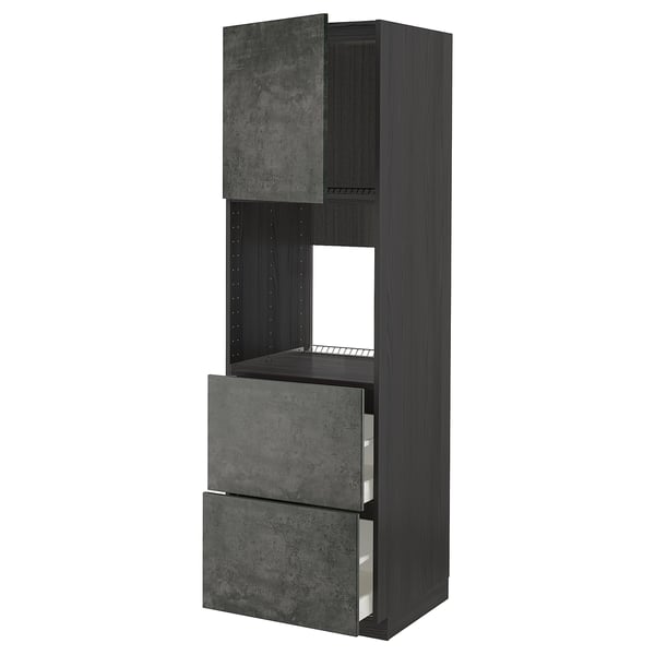 Black kitchen cabinet with two drawers and an open shelf. Modern urban design with concrete effect finish.