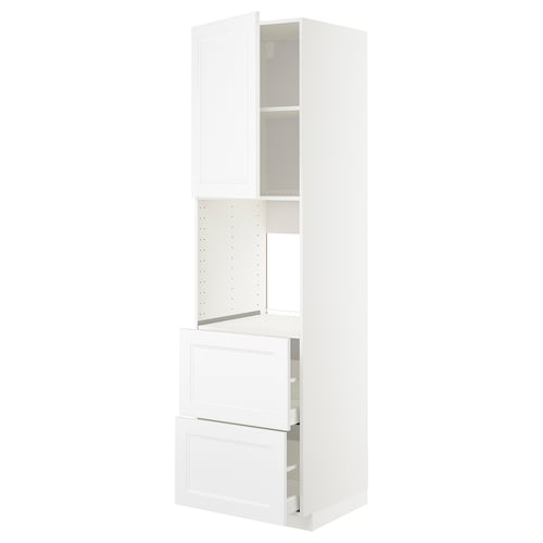 White METOD kitchen unit: tall, 3 compartments, 2 drawers, smooth fronts, sturdy frame.