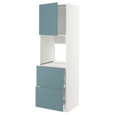 White METOD kitchen unit with turquoise drawers and door.