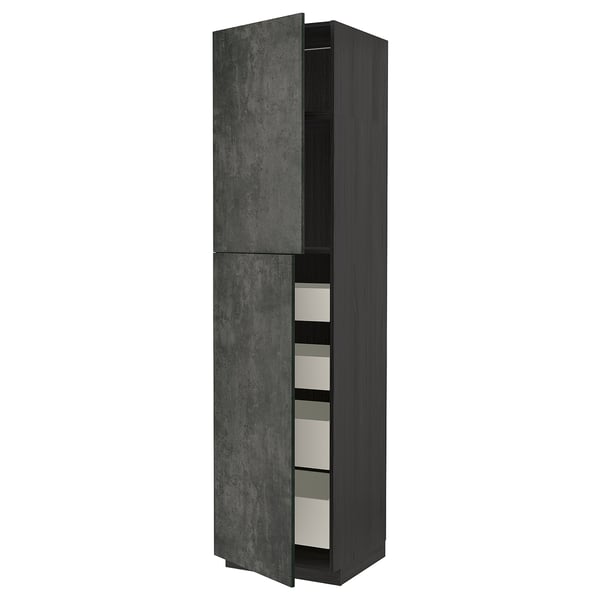 A dark grey METOD cabinet with a modern urban design, featuring a door and multiple shelving sections.