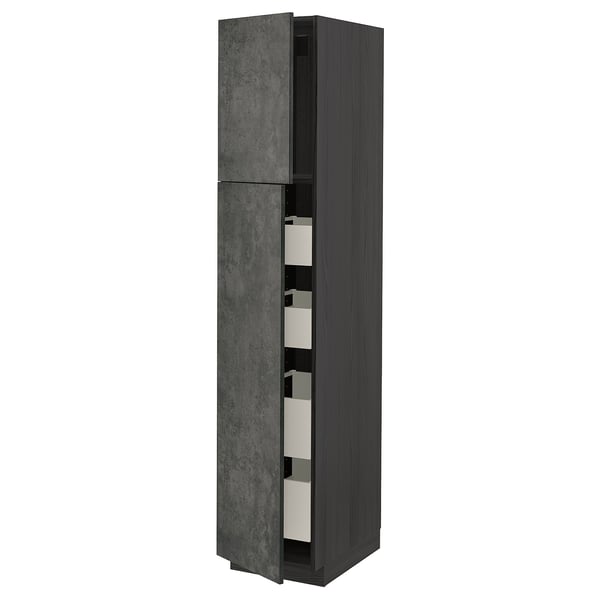 Dark grey, tall cabinet with concrete effect doors, from ikea METOD kitchen system.