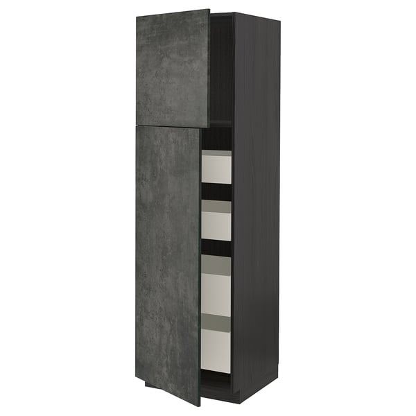 Modern dark grey kitchen cabinet, tall with open shelves, sleek design.