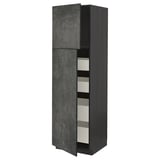 Modern dark grey kitchen cabinet, tall with open shelves, sleek design.