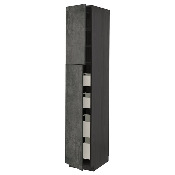 Dark grey ikea METOD kitchen cabinet with shelves & drawers for organized storage.