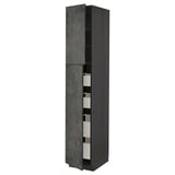 Dark grey ikea METOD kitchen cabinet with shelves & drawers for organized storage.