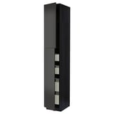 A tall, modern black kitchen cabinet with a sleek design and glass doors.