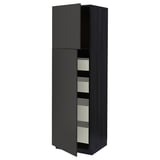 Dark grey kitchen cabinet with three shelves open.
