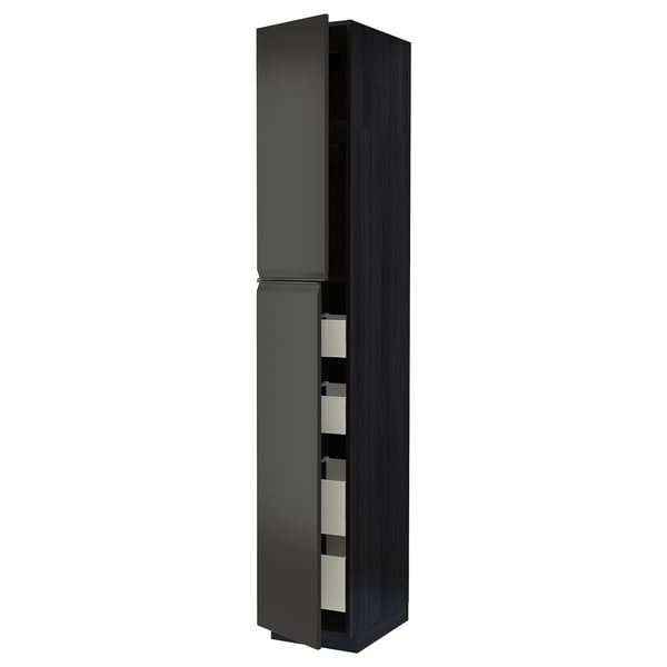A modern, tall black kitchen cabinet with a sleek, minimalist design featuring integrated handles.