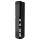 A modern, tall black kitchen cabinet with a sleek, minimalist design featuring integrated handles.