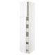 METOD white kitchen unit, slim, tall, minimalist design with shelves inside.