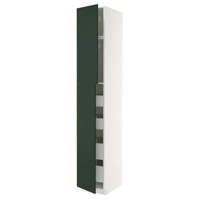 Green METOD kitchen cabinet with white frame and internal shelves.